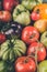 Different types, colors and shapes of tomatoes. Harvesting Background. Vertical shot