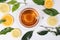 Different types of fresh raw green tea leaf flower bud lemon orange slice transparent glass teacup saucer liquid tea on white