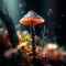 Different types of glowing mystical mushrooms, fantasy mushroom forest with bokeh