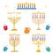 Different types of Hanukkah, Festival of Light, traditional golden menorah candelabrum with colorful candles vector set