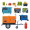 Different Types of Industrial Power Generators Set, Propane Gas Cylinder, Fuel Jerrycans Vector Illustration