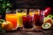 Different types of juices in glasses on the table. Well-being, balanced diet nutrient-rich and vitamins. Generative AI