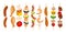 Different types of kebab on a wooden skewer. Vector illustration on white background.