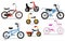Different types kids bicycle isolated set