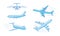 Different types of moving blue passanger planes over white background