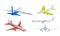 Different types of moving colorful passanger airplanes over white background
