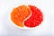 Different types of red caviar on white. Fish caviar, seafood