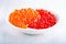 Different types of red caviar on white. Fish caviar, seafood