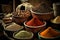 Different types spices in bowls selling on a market. Created with Generative AI
