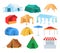 Different types of tents, flat vector illustration. Tourist, market store, cafe, festival event, shelter, medical tents.