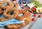 Different types of Turkish bagels served with foods for breakfast and Turkish tea