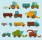 Different types vector agricultural vehicles and harvester machine, combines and excavators. Icon set agricultural