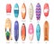 Different types of water boards set. Long and short surfboards and summer planks of various design, shapes, sizes and