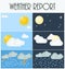 Different types of weather. Day and night. Flat vector illustration. Symbols and icons of weather topic.