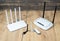 Different types of Wi-Fi routers, modern and old technology. Wireless ethernet connection signal. USB Wifi Receiver Wireless