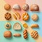 Different varieties of bread displayed on backgrounds of various colors. AI