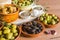 Different varieties and dressings of olives