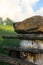 Different variety of wood lumber, old rustic fence in country side in mountains