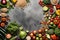 Different vegetables, seeds and fruits on grey table, flat lay. Healthy diet Ai generated