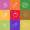 Different vegetables thin line icons on colorful squares set. Radish, carrot, cabbage, corn, tomato, mushroom, broccoli, eggplant,