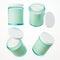 Different views of aromatic candle in turquoise glass jar with cotton wick and yellow gold lid 3D render, branding and
