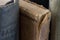 Different vintage, antiquarian, tattered books close up