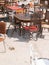 Different vintage street tables and chairs in a cafe outdoor second hand