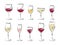Different wine glasses filled with drink, set - vector drawing