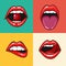Different women\'s lips vector icon set isolated from background. Red lips close up girls. Shape sending a kiss, kissing