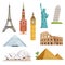 Different world famous symbols set isolate on white. Historical buildings, landmarks. Vector illustrations