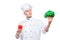 Difficult choice of pepper or broccoli - concept portrait of a chef with vegetables on a white