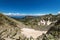 Difficult hiking trail going uphill through the rocks, Pirin mountains, Bulgaria.