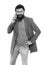 Difficulties mobile communication. Man bearded hipster hold mobile phone white background. Hipster smartphone call