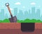 Dig a deep hole with a wooden shovel on the background of the city.