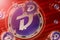 DigiByte crash, bubble. DigiByte DGB cryptocurrency coins in a bubbles on the binary code background