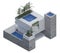 Digital 3d illustration of a calm zen garden with blue pools upscale brick and ivy