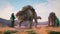 Digital 3d illustration of a cloaked figures migrating in the desert with large creatures - fantasy concept painting