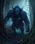 Digital 3D illustration of a menacing troll in a dark blue forest - fantasy painting - Generative AI