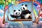 digital 3d image pandas in the swing, crystal rainbow colors theme