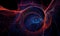 Digital 3d mosaic of red blue vortex that leads to cave or deep dark space.