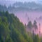 A digital abstract landscape of a forest at dawn, with mist rising from the trees and soft pinks and blues in the sky1, Generati