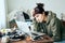 Digital addiction, woman in panic reads articles about coronavirus on Internet