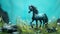 Digital Animation Of A Blue Horse In Miniature Diorama Style