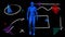 Digital animation of human body model walking against colorful abstract shapes on black background