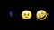 Digital animation of laughing, angry face emoji and number nine on fire icon on black background