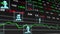 Digital animation of multiple profile icons over stock market data processing on black background