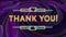 Digital animation of neon thank you text against purple spiral light trails on black background