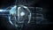 Digital animation of security vault icon over light trails over spinning globe on black background