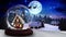 Digital animation of snow falling over house in snow globe against black silhouette of santa claus