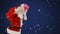 Digital animation of snow falling over santa claus carrying gift sack with finger on lips against bl